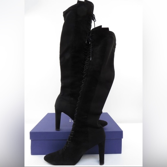 Stuart Weitzman Highstrung Suede Black Boots Stretch Knee Thigh Hi Lace Up Sz 10 - Picture 6 of 11